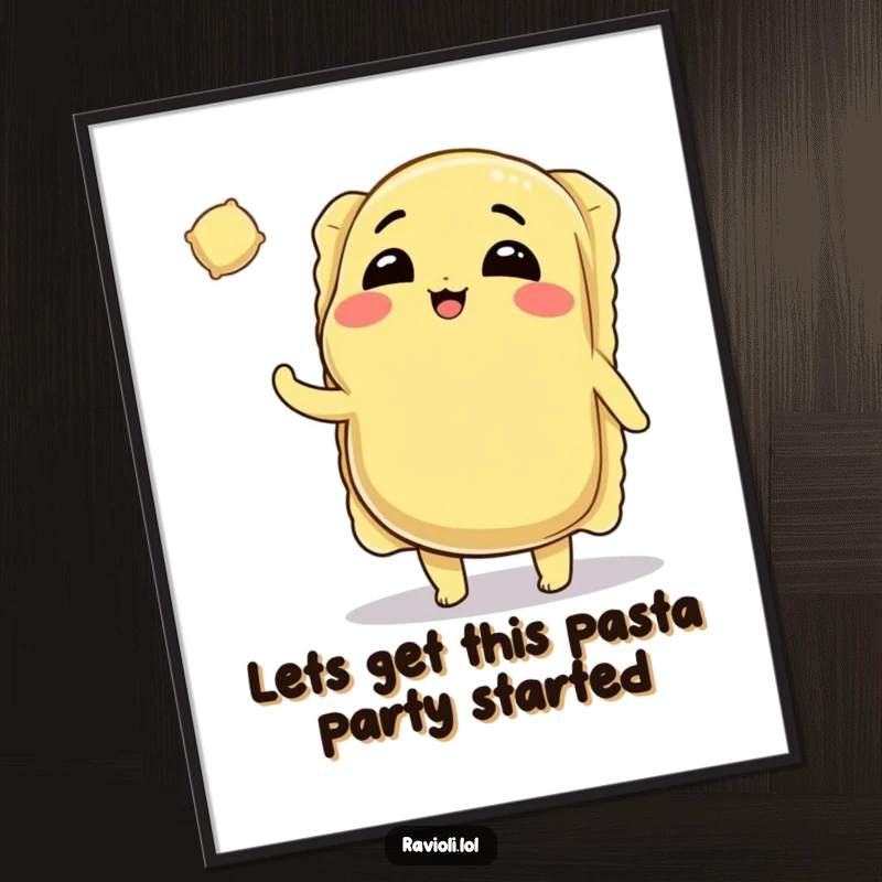 Funny Free Printable Wall Art: Big, plump ravioli character winks while tossing a tiny ravioli playfully.