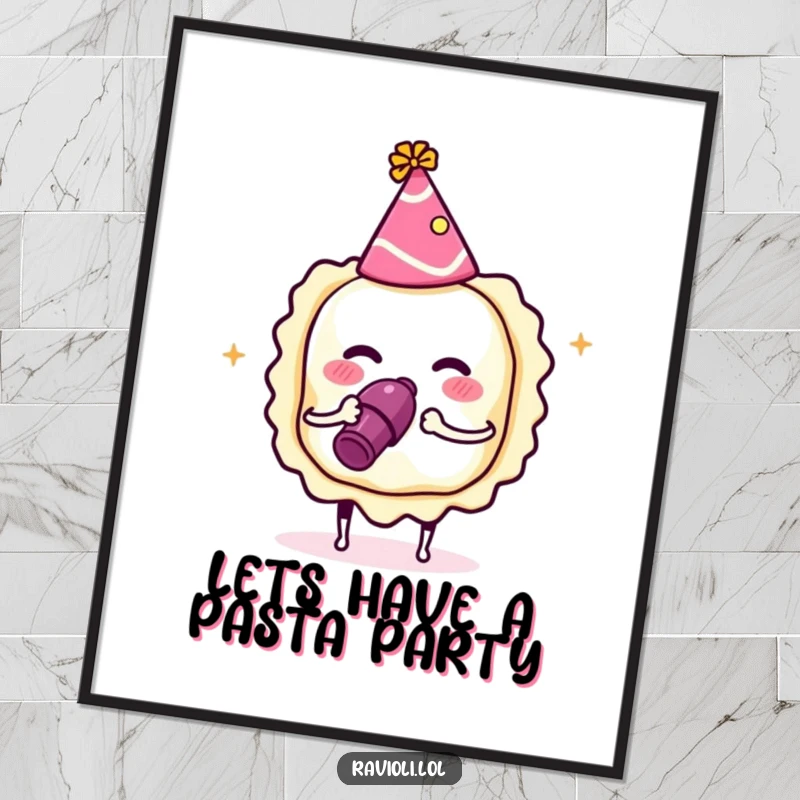 Funny Free Printable Wall Art: A ravioli in a party hat joyfully blows a noisemaker, creating a festive atmosphere.