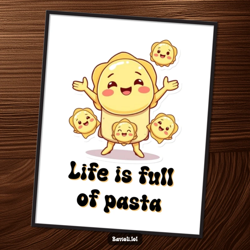 Funny Free Printable Wall Art: A smiling ravioli character in mid-juggle with three smaller ravioli, adding a fun, culinary vibe.