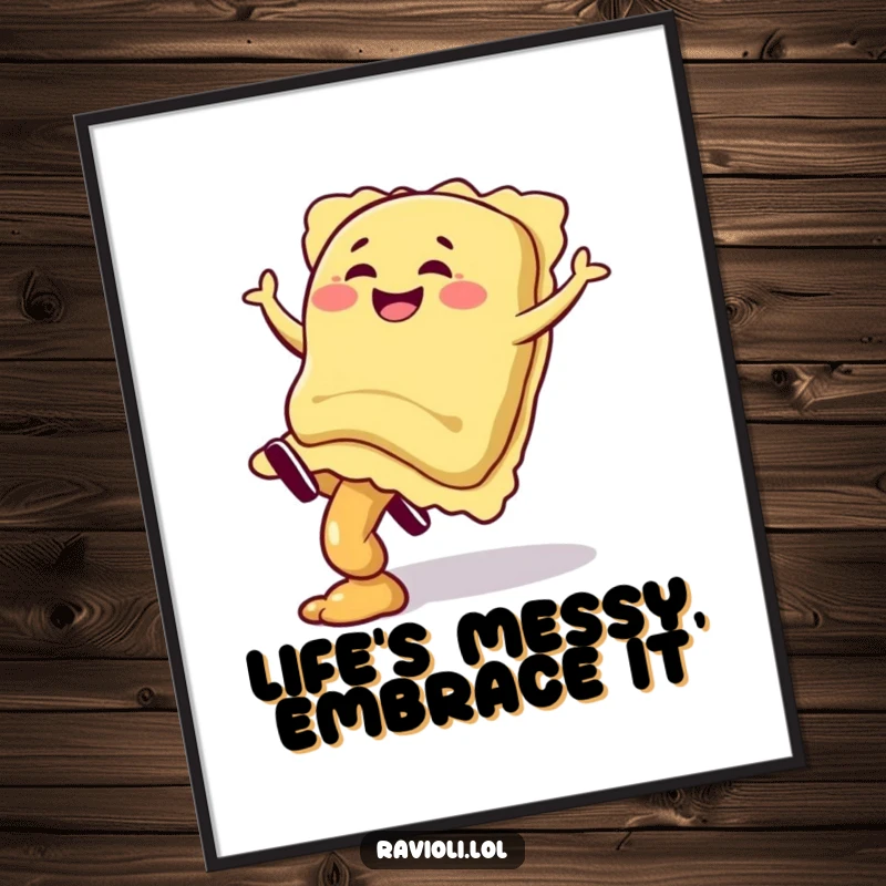 Funny free printable wall art: A giggling ravioli character is captured mid-cartwheel, with its filling playfully spilling.