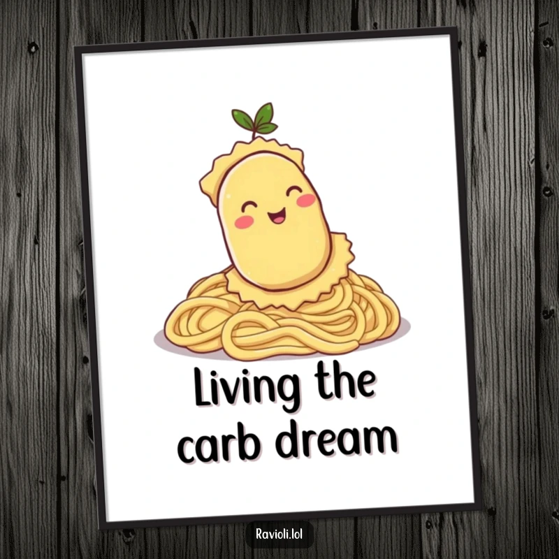 Funny Free Printable Wall Art: Smiling ravioli character happily rolls down a hill of pasta, kitchen humor.