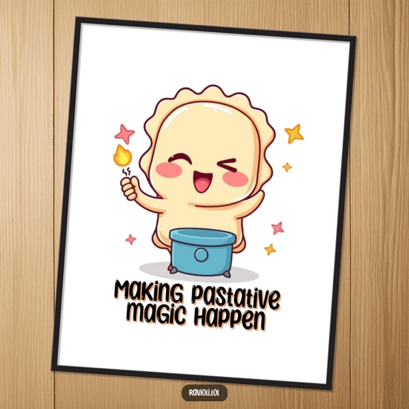 Funny free printable wall art of a ravioli character winking while performing a magic trick, adding a whimsical touch to decor.