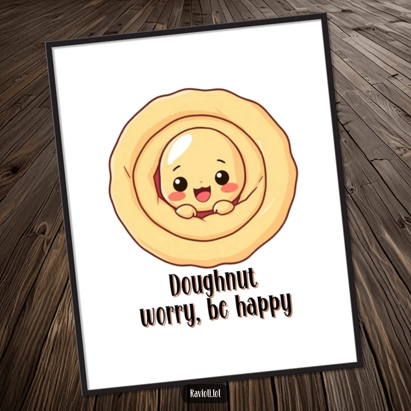 Funny free printable ravioli wall art: a pasta character curiously peeking from behind a large, abstract swirl of dough.