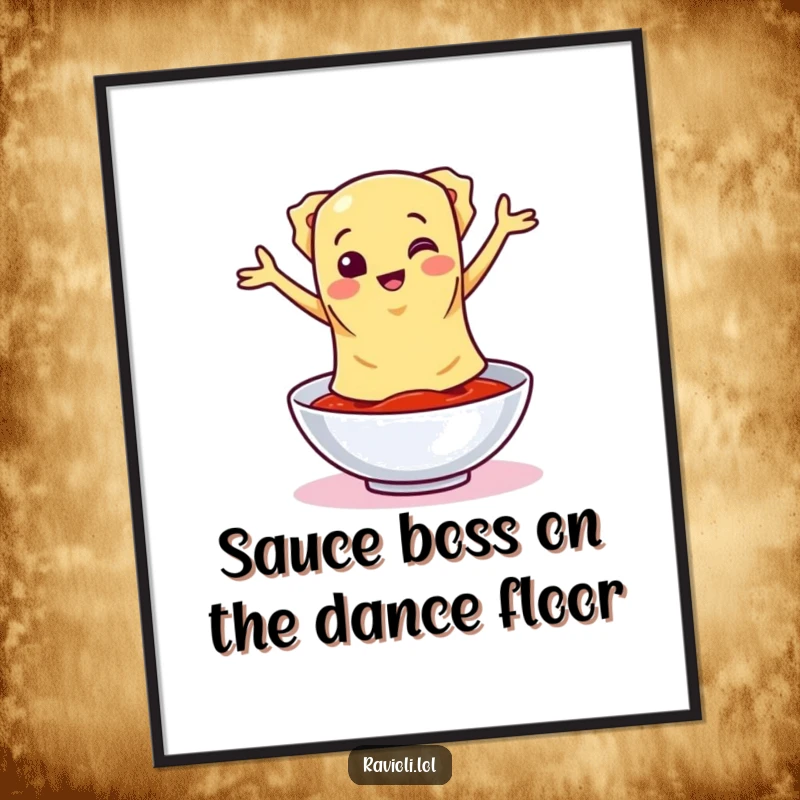 Funny Free Printable Wall Art: A ravioli character performs a hilarious dance around a bowl of sauce, full of zest.