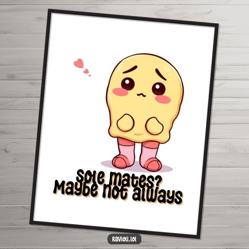 Funny Free Printable Wall Art: A ravioli character sporting mismatched socks looks utterly bewildered, adding quirky charm.