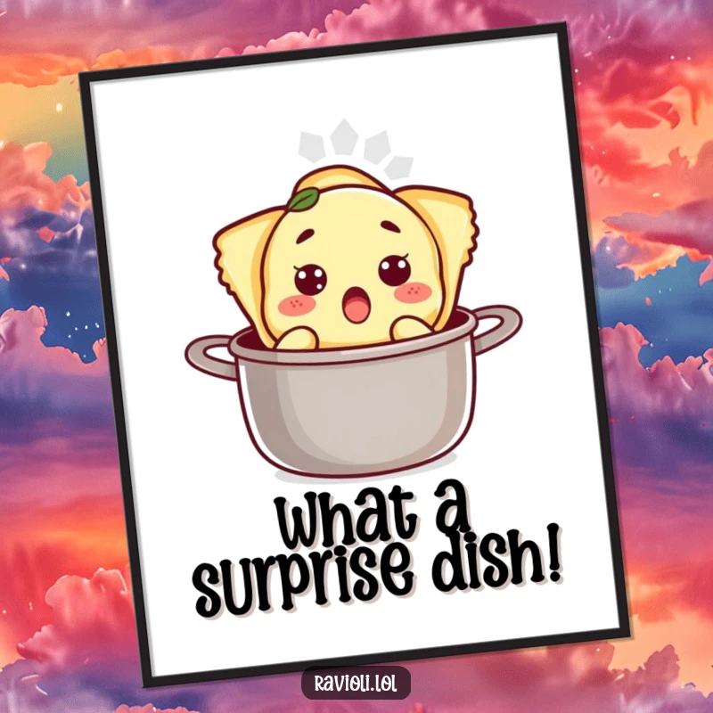 Funny Free Printable Wall Art: A ravioli character with a wide-eyed surprised expression pops out of a cooking pot, bringing kitchen humor, downloadable.