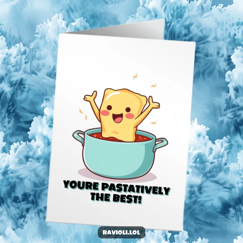 Funny Free Printable Birthday Card featuring a happy ravioli character gleefully leaping into a pot of delicious sauce.