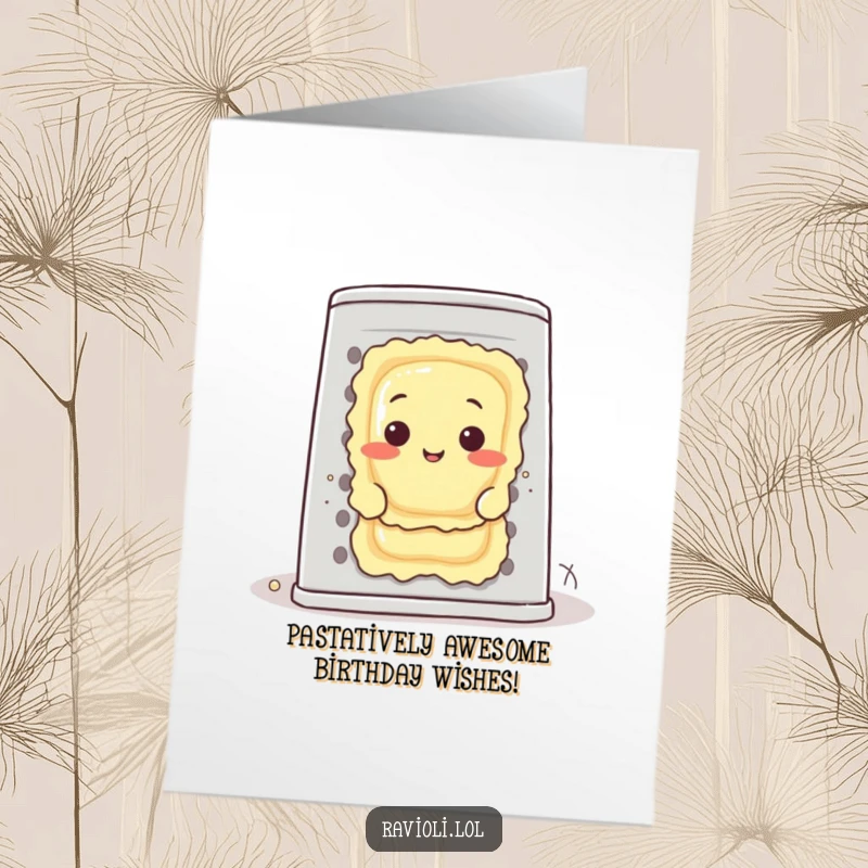 Funny Free Printable Birthday Card: Ravioli character peeking playfully behind a huge cheese grater, ready to wish someone a happy birthday.