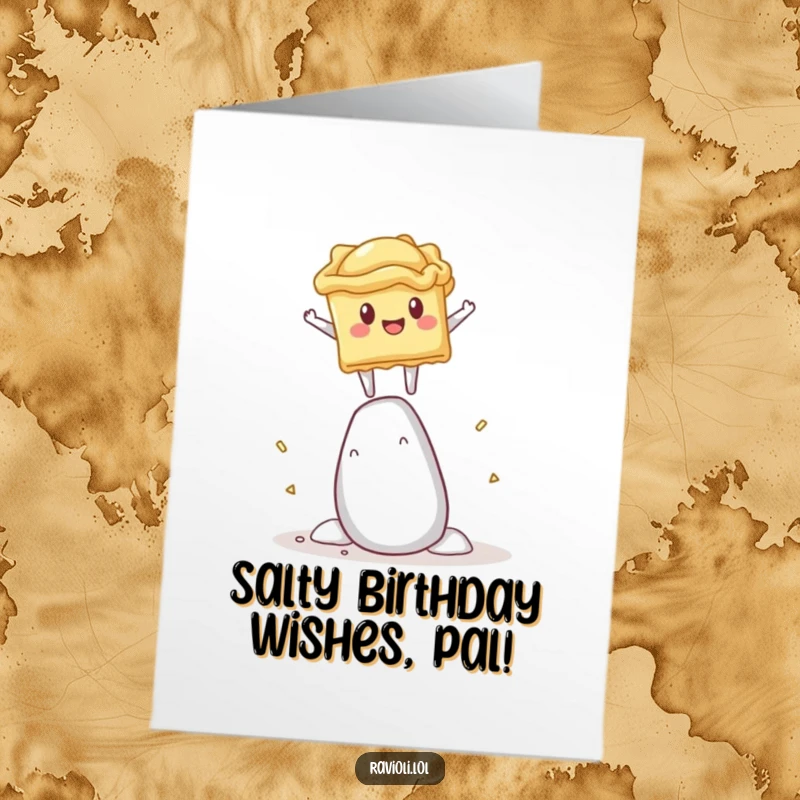Funny Free Printable Birthday Card: Ravioli character wobbling hilariously on a giant salt shaker, a truly precarious and comical situation.