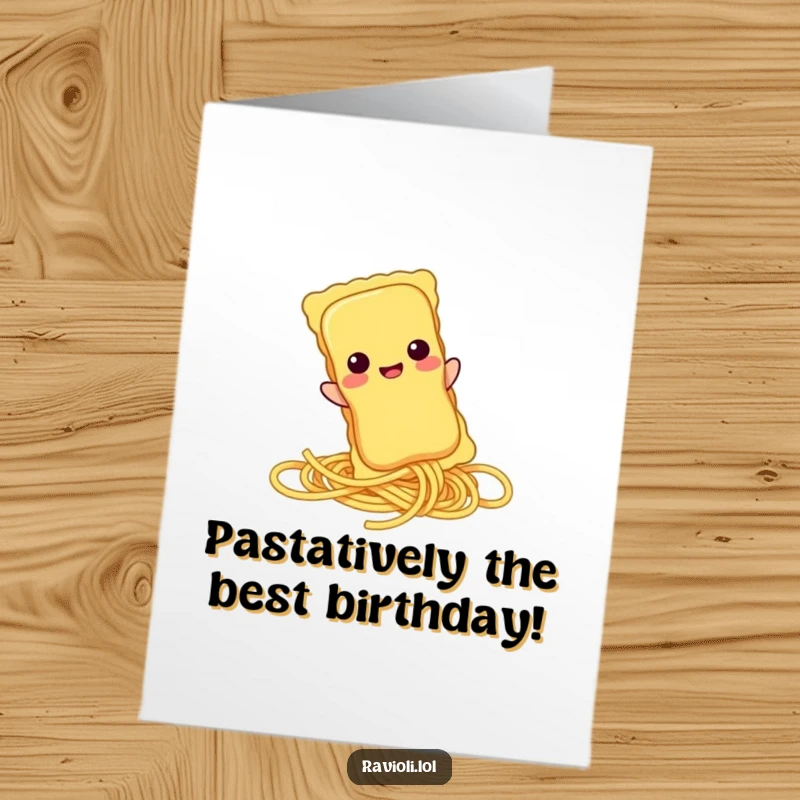 Funny Free Printable Birthday Card: Cheerful ravioli character slides down spaghetti, spreading birthday cheer, downloadable and fun.