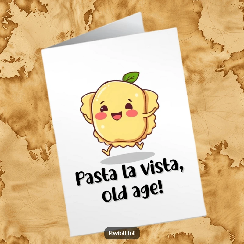 Funny Free Printable Birthday Card showing a happy ravioli character hilariously tripping over its own pasta feet, ready to spread birthday cheer.