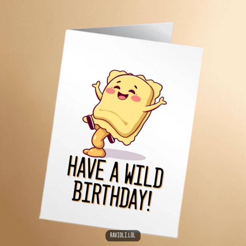 Funny free printable birthday card: A giggling ravioli does a cartwheel, with its filling spilling slightly in a moment of hilarious abandon.