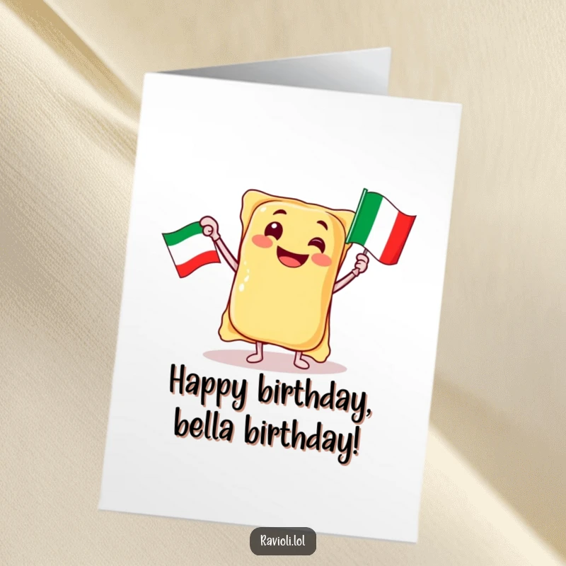Funny free printable birthday card: A jubilant ravioli character waves a miniature Italian flag with immense enthusiasm and joy.