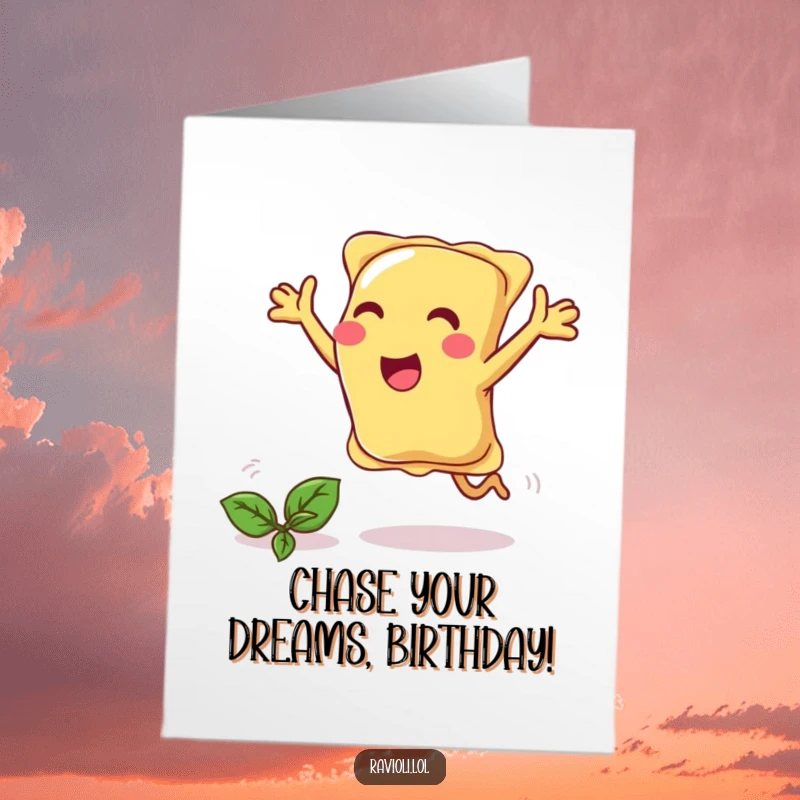 Funny Free Printable Birthday Card: Ravioli with arms wide open joyfully chases a runaway piece of basil.