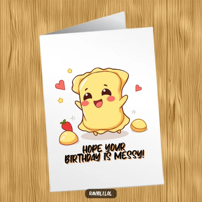 Funny Free Printable Birthday Card: A ravioli character tripped, sending its delicious filling flying happily in a comical, joyful spill.