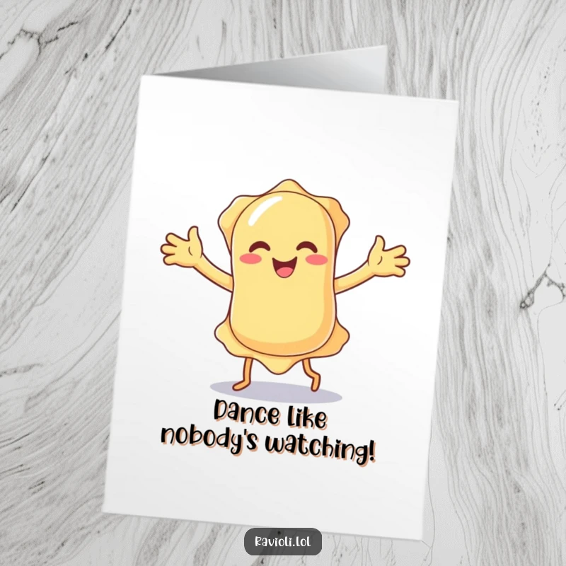Funny Free Printable Birthday Card showing a ravioli energetically performing a silly dance with its floppy arms flailing joyfully.