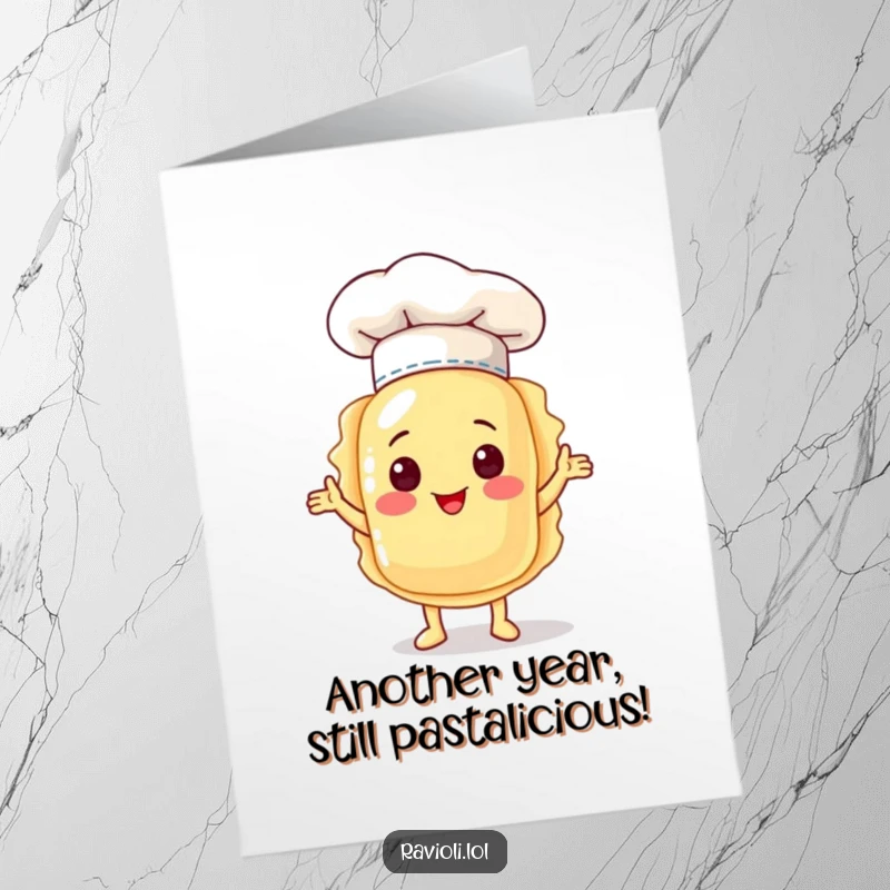 Funny Free Printable Birthday Card: A ravioli character dons a tiny chef hat, proudly presenting itself for a birthday celebration.