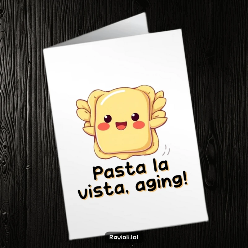Funny Free Printable Birthday Card: A determined ravioli flaps pasta wings, attempting flight with a hopeful expression.