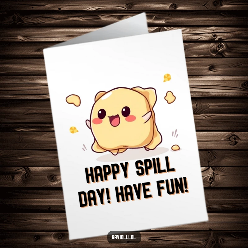 Funny Free Printable Birthday Card: Ravioli character tripping, sending filling flying happily in a messy, joyous birthday moment.