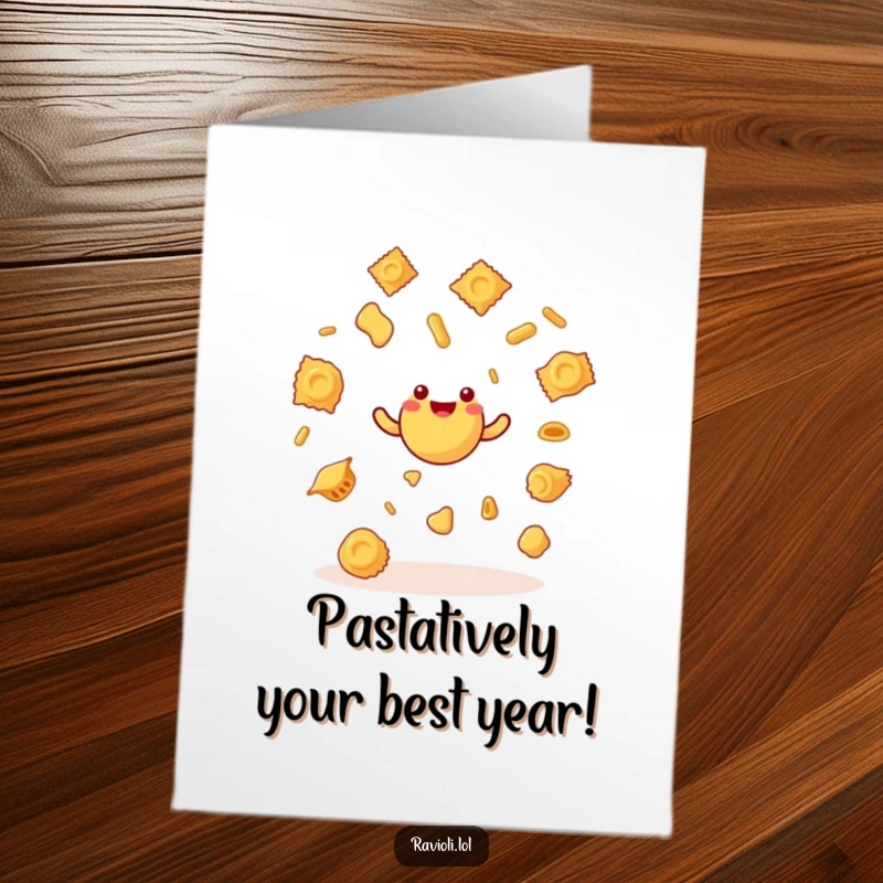 Funny Free Printable Birthday Card featuring a ravioli expertly juggling tiny spinning pasta shapes with a determined grin.