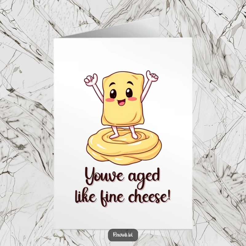 Funny free printable ravioli birthday card; a ravioli stands victoriously atop a creamy sauce swirl, celebrating.