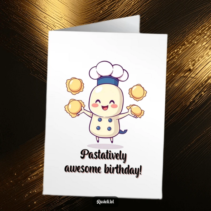 Funny Free Printable Birthday Card: Chef ravioli joyfully juggles three ravioli wearing a chef hat, perfect for laughs.