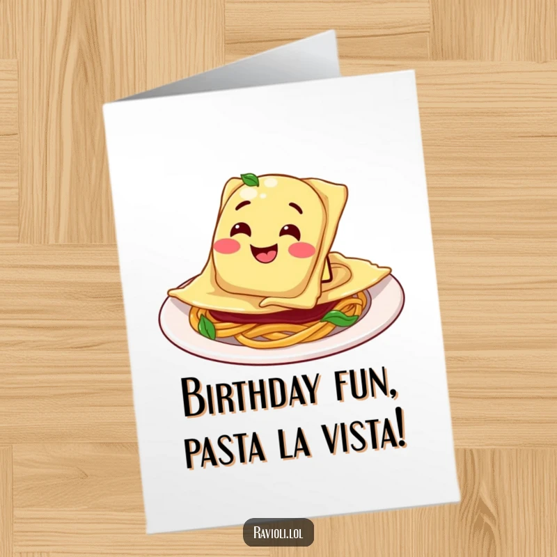 Funny Free Printable Birthday Card: Ravioli character slides into a plate with a goofy grin, celebrating.