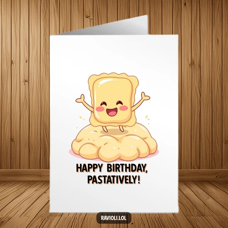 Funny Free Printable Birthday Card: A smiling ravioli character joyfully bouncing on a soft, fluffy pile of dough.