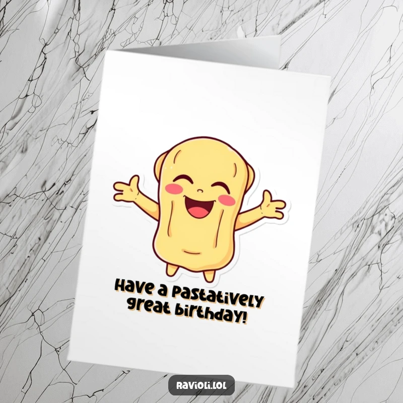 Funny Free Printable Ravioli Birthday Card: A joyful ravioli character laughs heartily with arms wide open, celebrating the birthday.