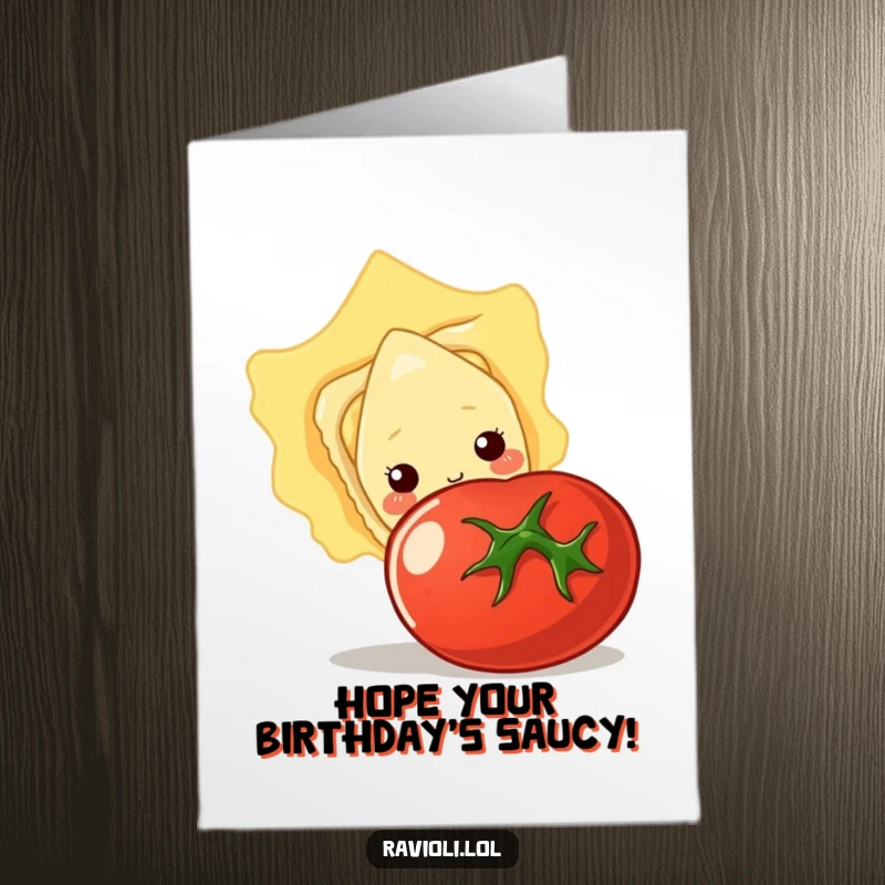 Funny Free Printable Birthday Card: Shy ravioli character adorably peeking from behind a very large tomato, looking bashful.