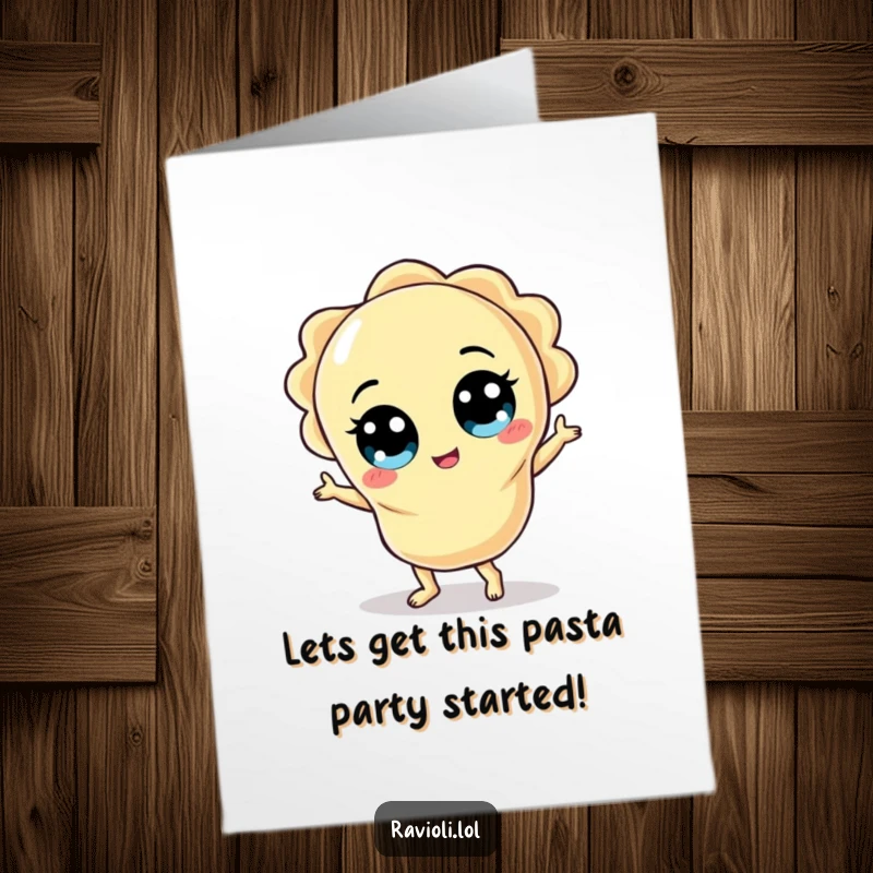 Funny Free Printable Birthday Card: A ravioli character with wide eyes dances silly, bringing birthday entertainment.