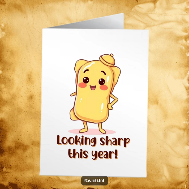 Funny Free Printable Birthday Card: A ravioli poses confidently with a hand on its hip and a tilted hat, wishing happy birthday.