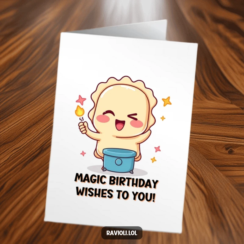 Funny free printable birthday card featuring a ravioli character winking while performing a magic trick, ready to amaze.