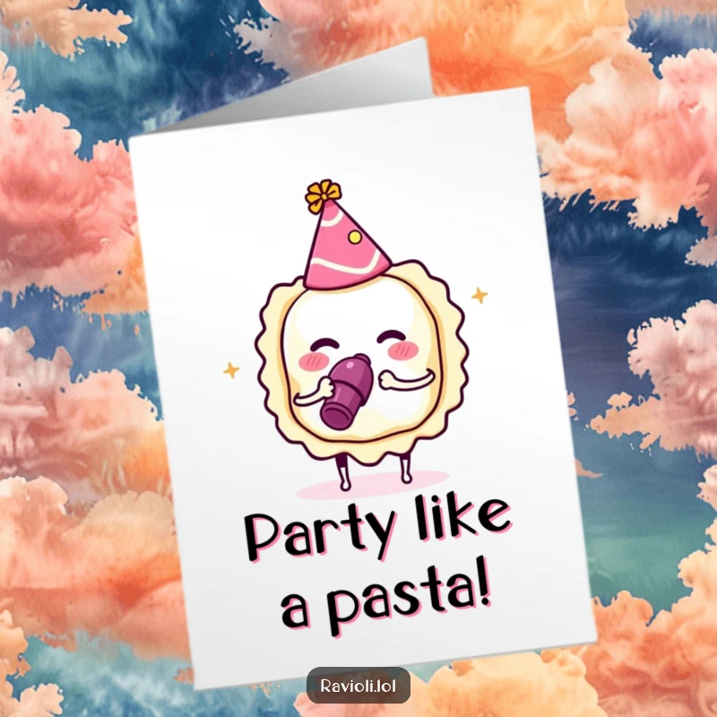 Funny Free Printable Birthday Card: A ravioli in a party hat blows a noisemaker, celebrating a birthday with gusto.