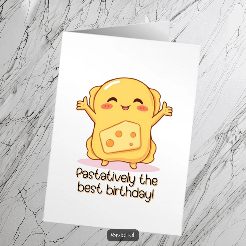 Funny Free Printable Birthday Card: Ravioli with arms wide, hugging a shy, blushing cheese slice.