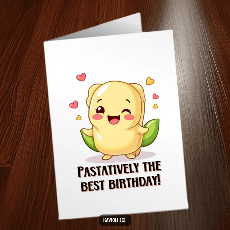 Funny Free Printable Birthday Card: A cheerful ravioli character joyfully juggles tiny green peas, ready to celebrate.