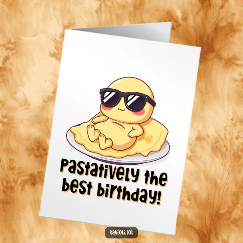 Funny Free Printable Birthday Card: Ravioli in Sunglasses Lounging on Plate, Sun Lover