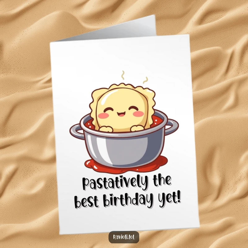 Funny Free Printable birthday card featuring a silly ravioli character peeking from sauce, ready to celebrate.