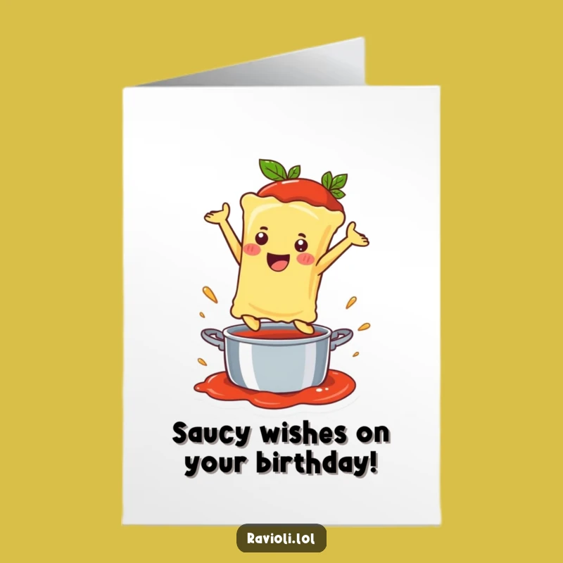 Free Printable Birthday Card: Happy Ravioli Leaping into Sauce - Funny Downloadable Gift
