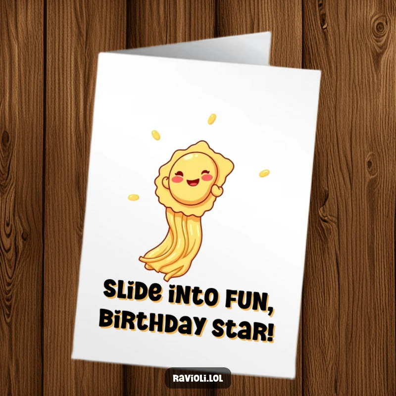 Funny Free Printable Birthday Card: A happy ravioli giggles while sliding down a spaghetti strand like a slide.