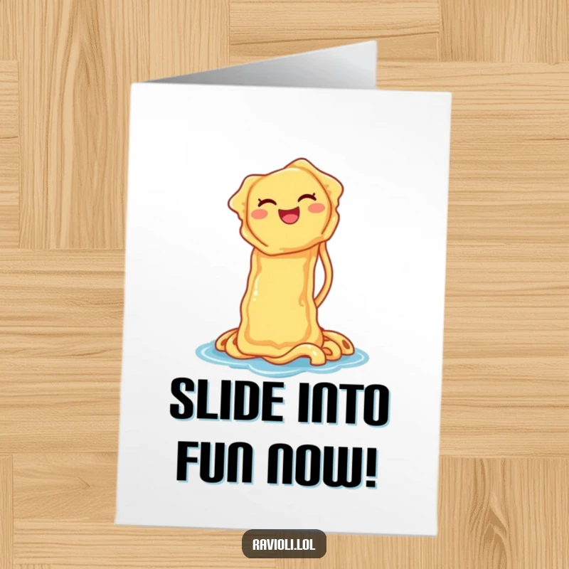 Funny Free Printable Birthday Card: A ravioli slides down a noodle waterslide, laughing with pure birthday joy.