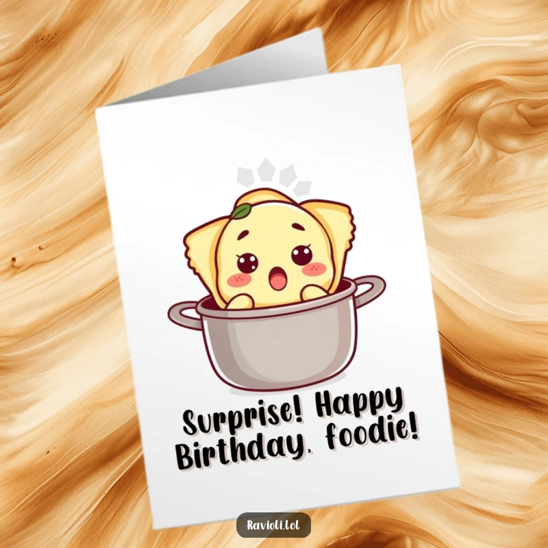 Funny Free Printable Birthday Card: A shocked ravioli character pops out of a cooking pot, expressing surprise and birthday fun, downloadable.