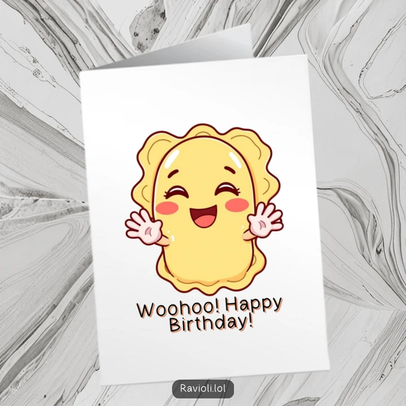 Funny free printable ravioli birthday card: a pasta character gleefully waving with both hands, full of excitement.