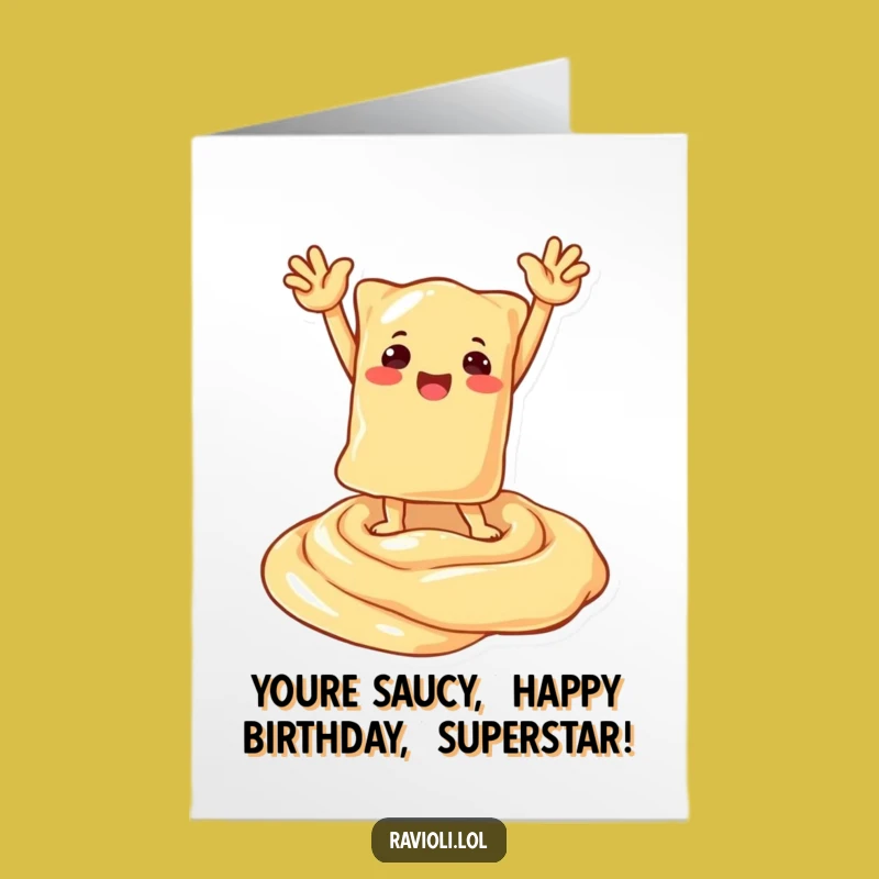 Free Printable Bday Card: Triumphant Ravioli Celebrate, Creamy Sauce Victory, Downloadable Humorous Gift