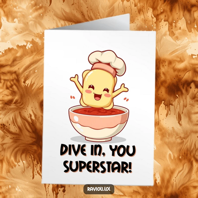 Funny Free Printable Congratulations Card: A ravioli sporting a tiny chef hat dives headfirst into a sauce bowl.