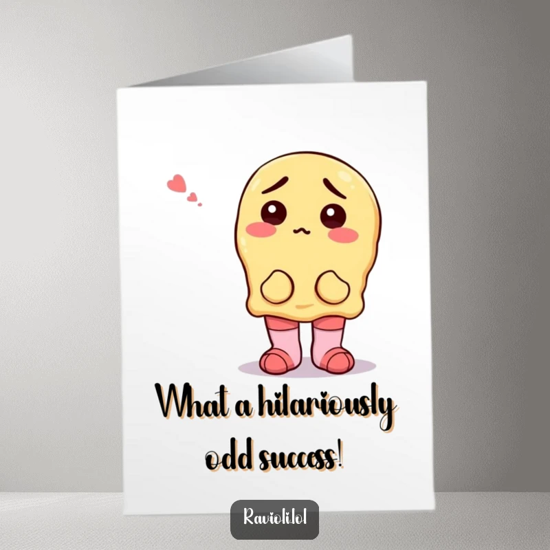 Funny Free Printable Congratulations Card: A ravioli character sports mismatched socks, looking endearingly confused about the celebration.