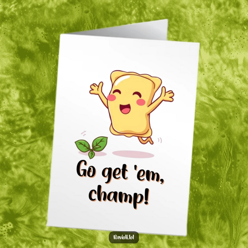 Funny Free Printable Congratulations Card: A joyful ravioli with open arms chases a runaway piece of basil.