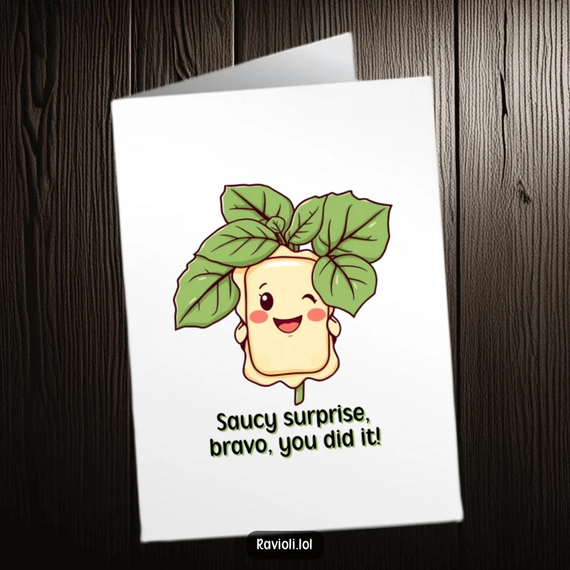 Funny Free Printable Congrats Card: A cheeky ravioli character pops out from behind a giant basil leaf with a wide grin.
