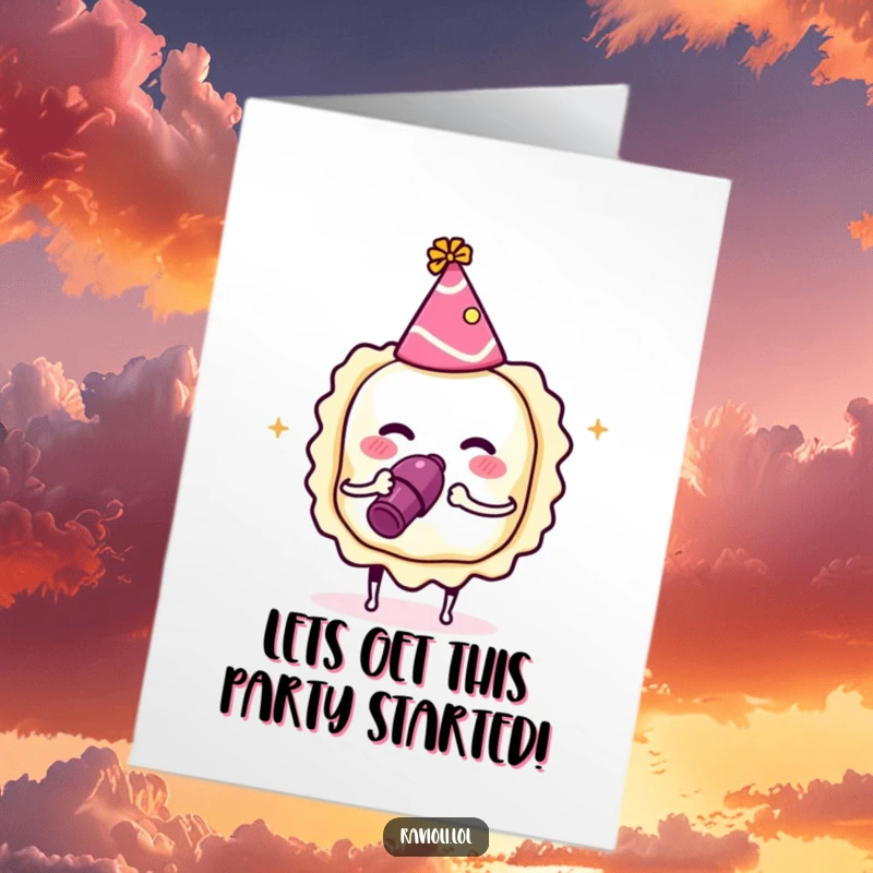 Funny Free Printable Congratulations Card: A ravioli wearing a party hat, blowing a noisemaker to celebrate success.