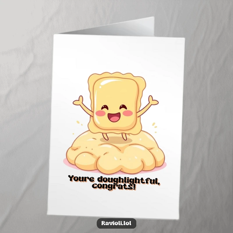 Funny Free Printable Congratulations Card: A cheerful ravioli character enthusiastically bouncing on a mound of fluffy dough, celebrating.